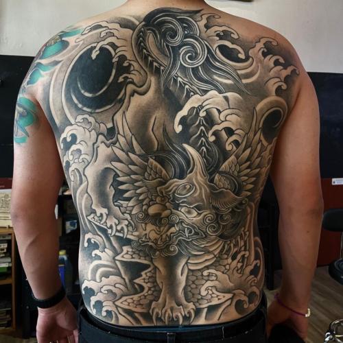 Black and Grey full back Tattoo